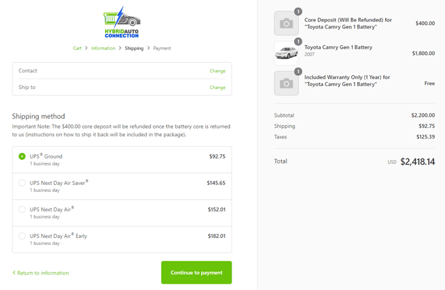 Checkout page displaying additional fees to be added to the battery product.