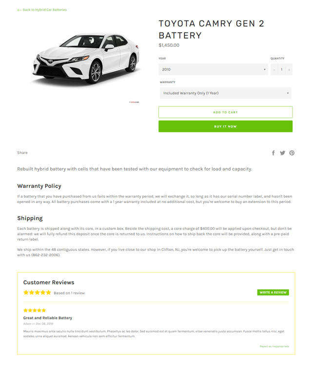 Page displaying the battery product, and buttons to purchase it.