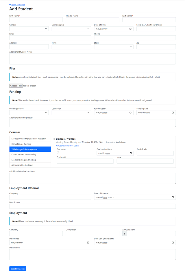 Page with a form for adding a student into the database.