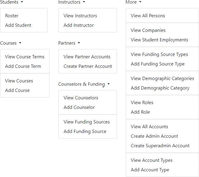 Grid of dropdown menus referencing all the pages of the app.