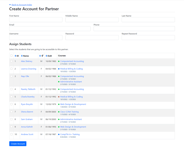 Page for creating a restricted account for partner users.
