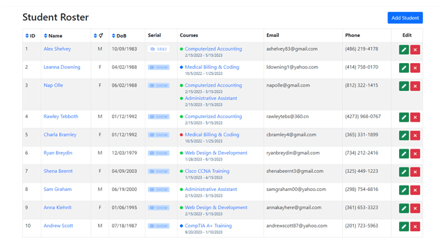 Student Roster page displaying student records in a table.