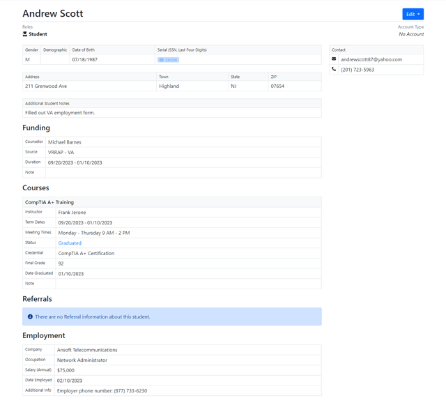 Profile page displaying all information about a student.