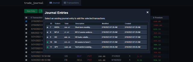 Modal for selecting existing entries to assign transactions to.
