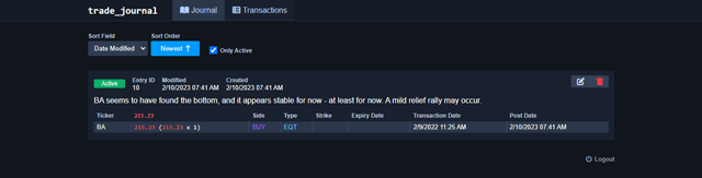 Controls on the journal page for filter and sorting entries.