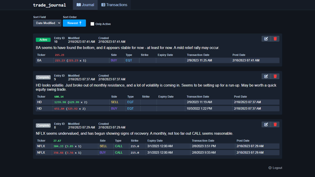 Main page of Trade Journal app, showing trade entries.