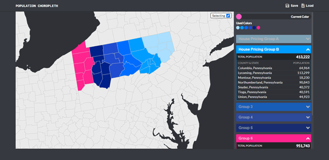 Interactive map of US counties - with several selected in varrying colors - as well as a sidebar displaying population data about the color-coded counties.