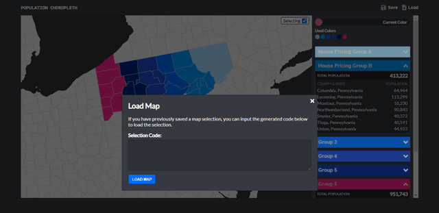 Modal for loading a previous map section using a save code.