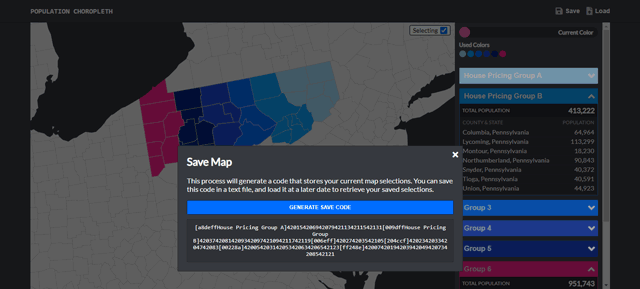 Modal for generating a code that the user can save in order to load the current map selections on a different session.